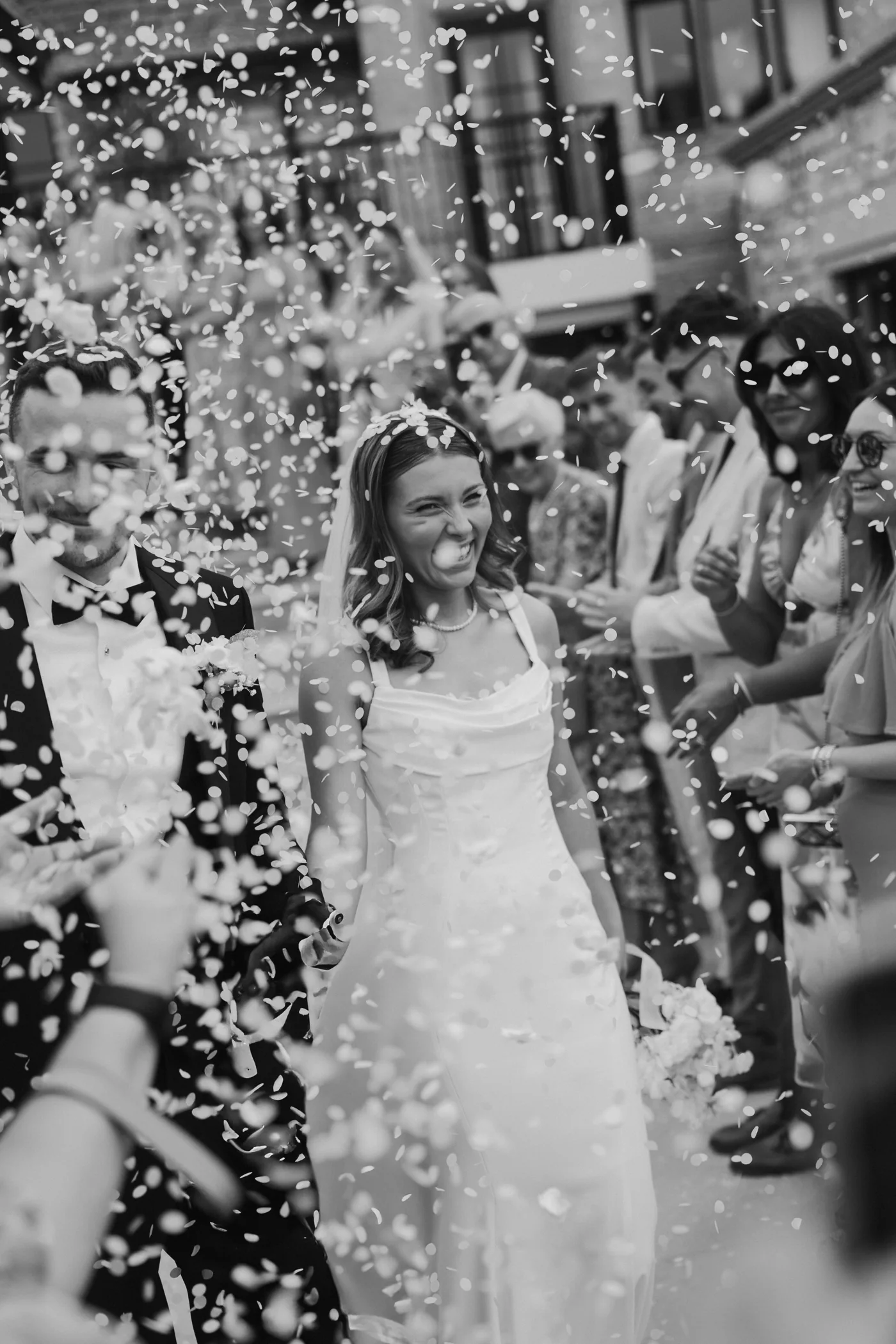 Black-and-white confetti celebration at The Pear Tree